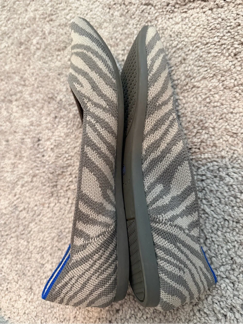 Rothy's Zebra-Print NWOT Pointed Knit Flats in Gray and Blue Trim